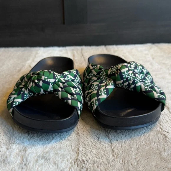 NEW Tory Burch Puffy Knotted Anatomic Slide Fabric Sandals in Geo Logo Green - Picture 3 of 9